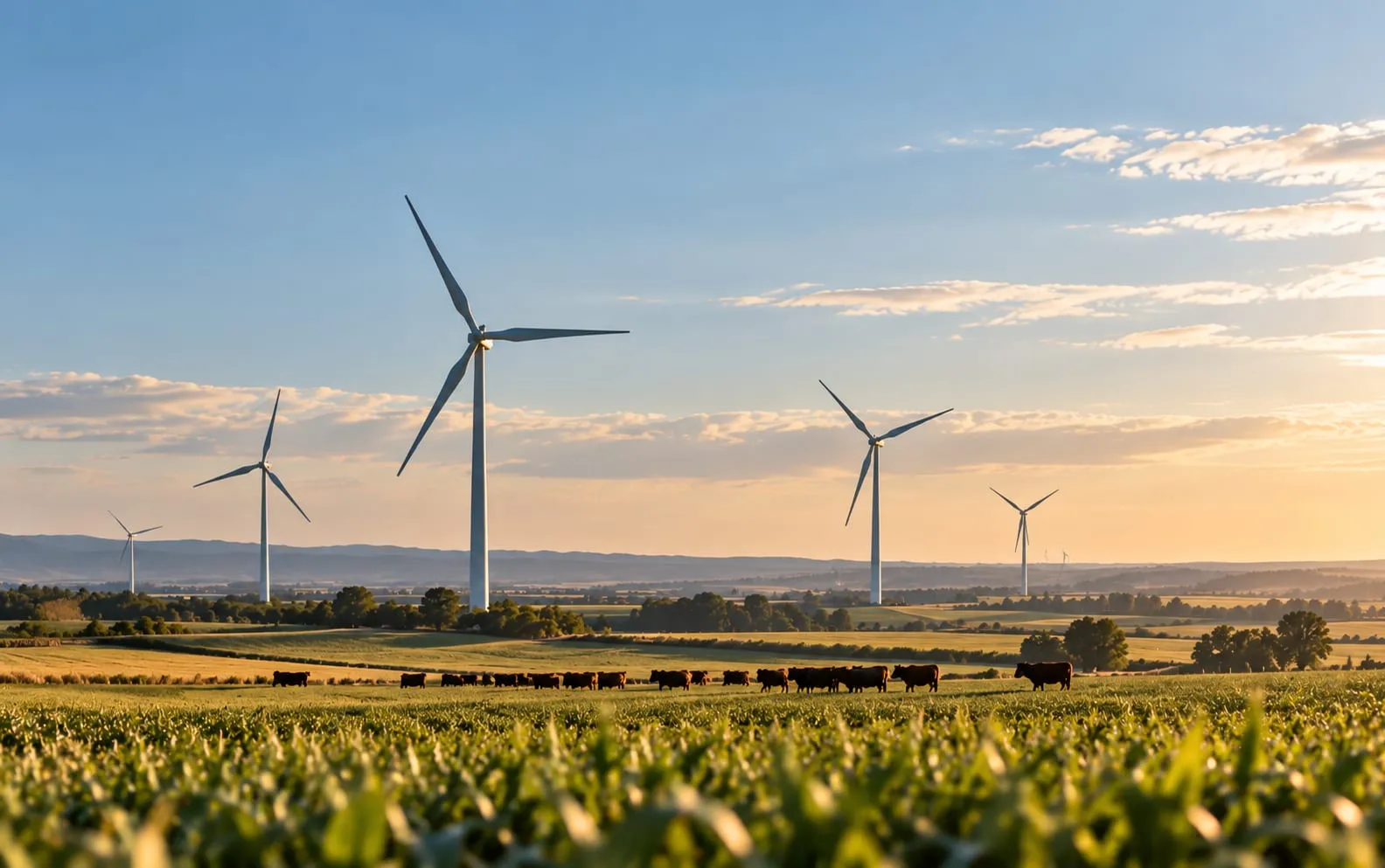 Molinos de viento en un campo al atardecer