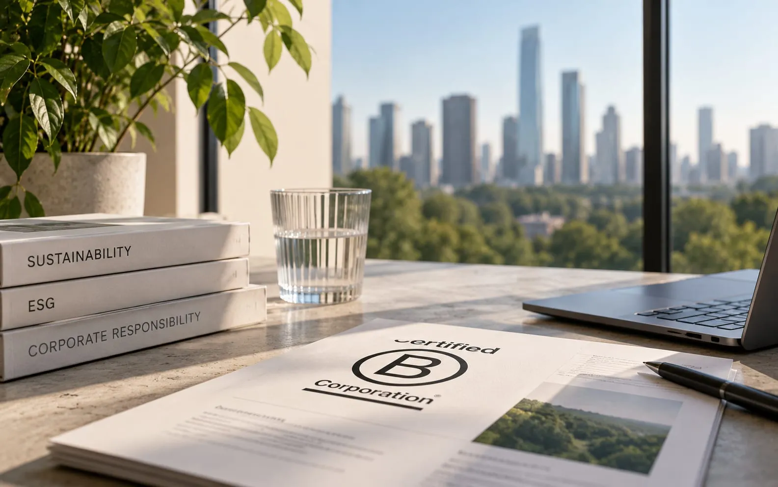Certificado de Empresa B sobre un escritorio en una oficina con vista a la ciudad
