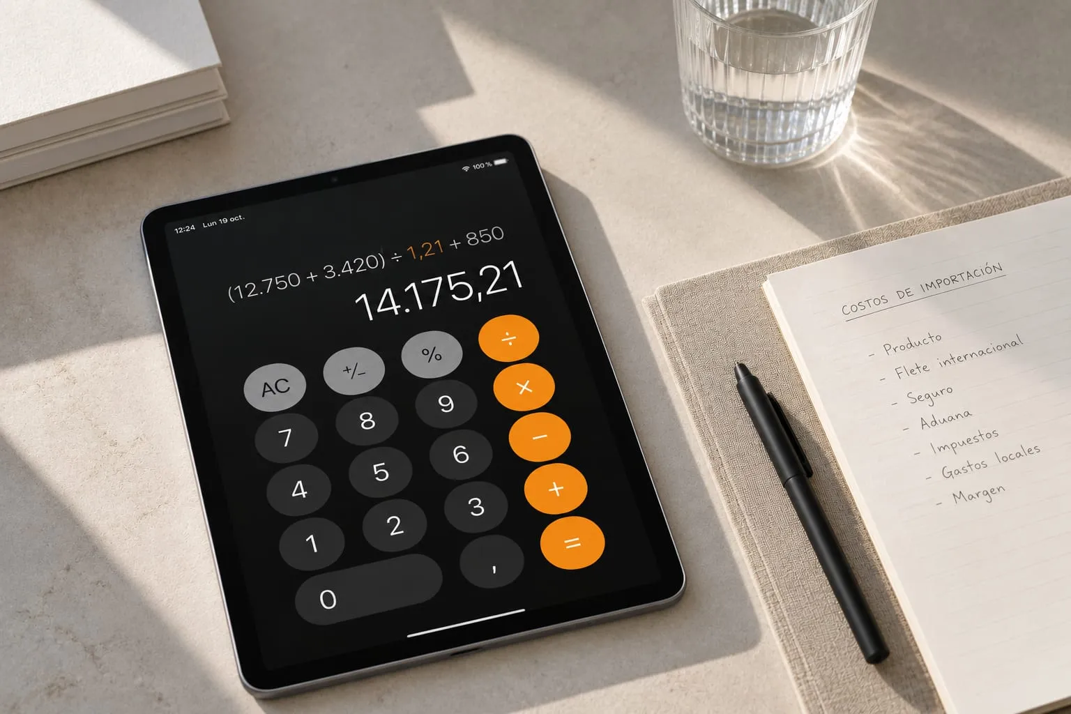 Calculadora en una tablet junto a una hoja con los costos de importación