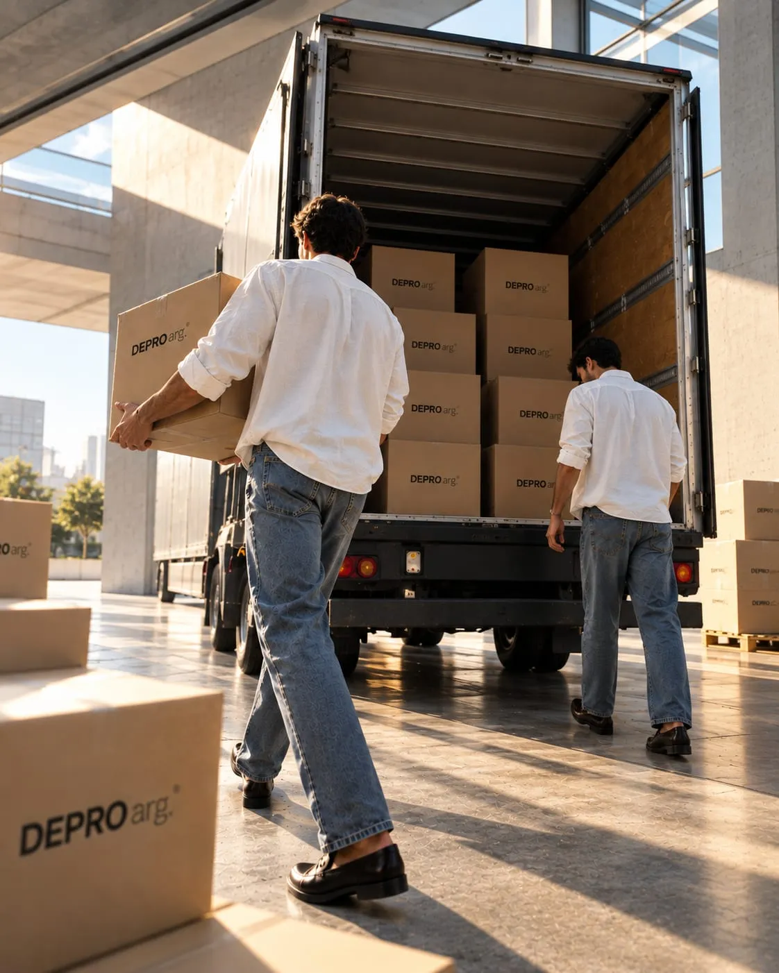 Dos personas descargando cajas de DEPRO arg. de un camión