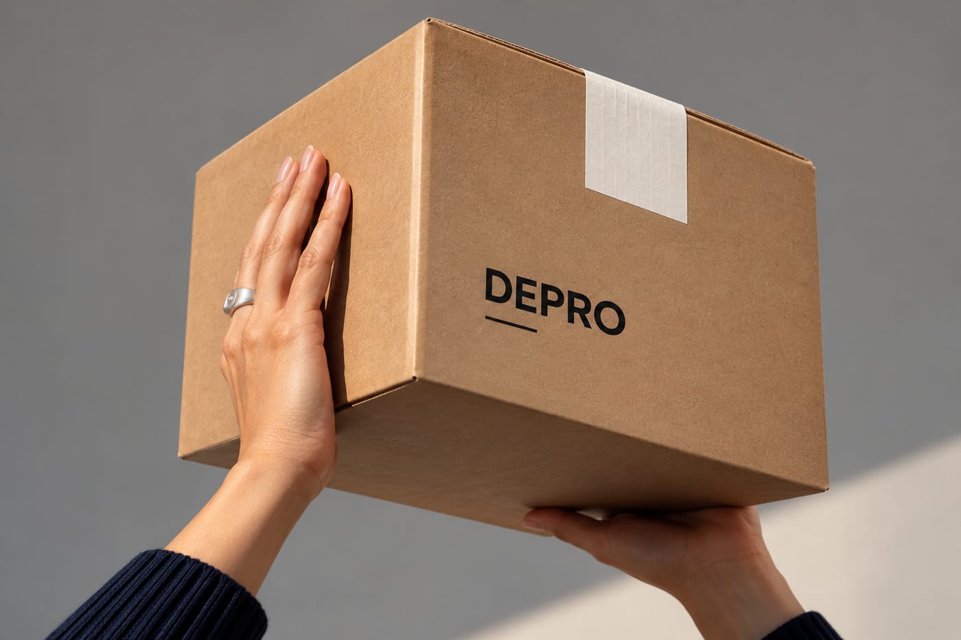 Manos sosteniendo una caja de cartón con el logo de DEPRO arg.