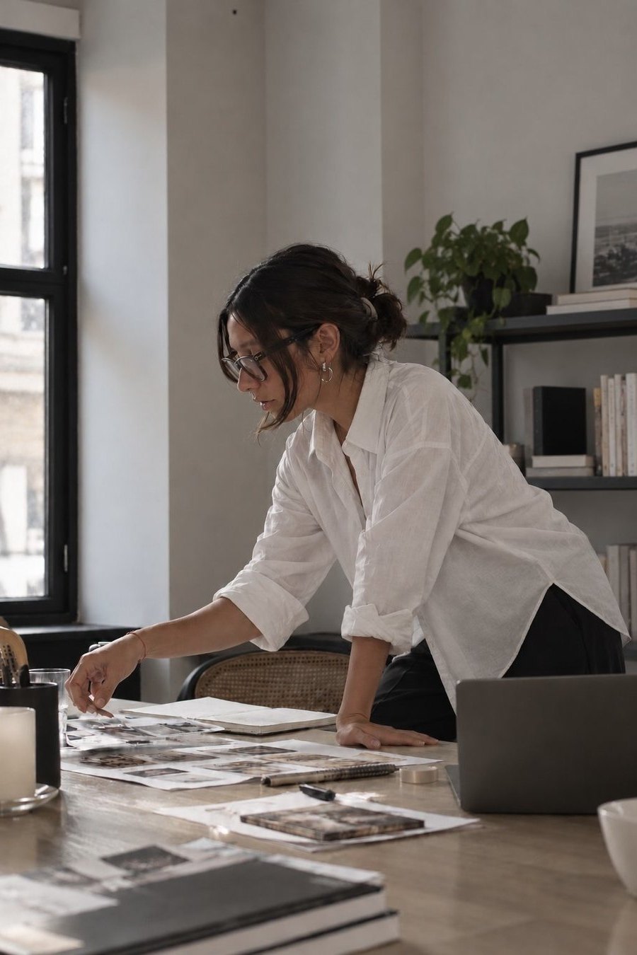 Candelaria Pérez Zorrilla revisando papeles sobre una mesa de trabajo