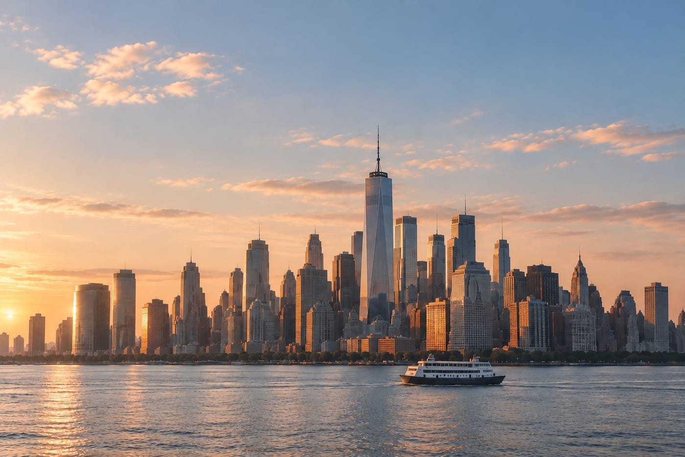 Skyline de Nueva York al atardecer visto desde el río